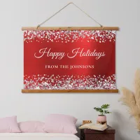 Silver Glitter Red Personalized Happy Holidays Hanging Tapestry