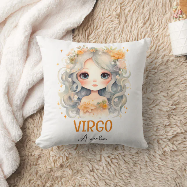 Cute Watercolor Illustration Virgo Zodiac Name Throw Pillow