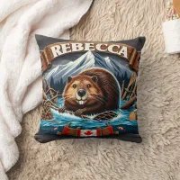 Canadian Beaver, Snow-Capped Mountain Throw Pillow