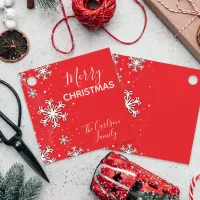 Merry Christmas White Snowflakes on Red Favor Tags