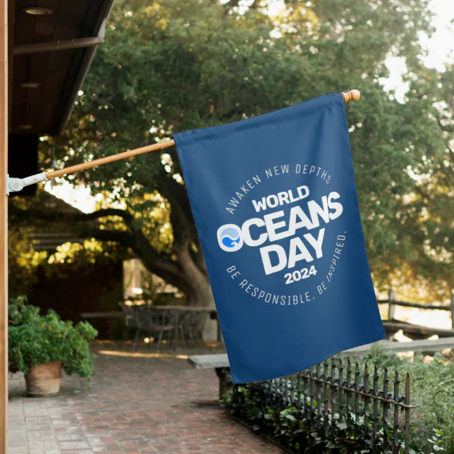 World Oceans Day Blue Stylized Earth Waves House Flag
