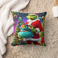 The Grinch celebrating Christmas with presents Throw Pillow