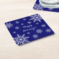 White Winter Snowflakes on Blue Happy Holidays Square Paper Coaster