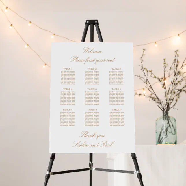 Golden Beige 9 Table Wedding Seating Chart Foam Board