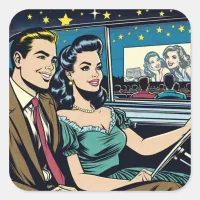 Retro Couple at Drive-In Movie Square Sticker