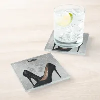 Black Glitter High Heel Shoe on Silver | Glass Coaster