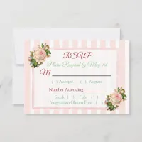 Coral Rose Floral Striped  Wedding RSVP card