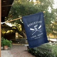 Rustic Lake House Family Name Navy Blue Wood House Flag