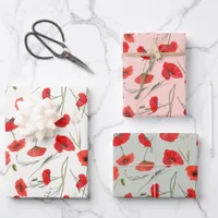 Elegant Red Poppy & Green Floral Watercolor Wrapping Paper Sheets