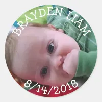 New Baby Photo, Name Birth date  Boy Announcement Classic Round Sticker