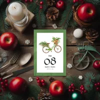 Christmas Apples and Pines Bicycle Winter Wedding Table Number