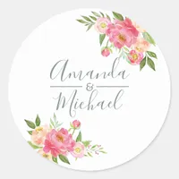 Spring Wedding watercolor Peony flowers Classic Round Sticker