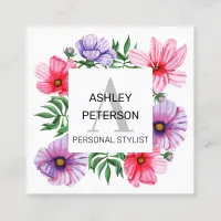 Pink Monogram Floral Girly Cute Personalized Square Business Card