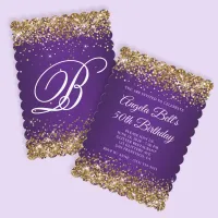 Gold Glitter Royal Purple Monogram 50th Birthday Invitation