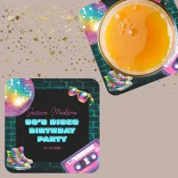 90s Neon Disco Birthday Square Paper Coaster