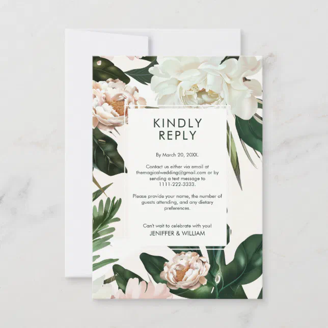 Peach White Peonies & Green Leaves Floral Wedding RSVP Card