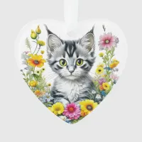 Whimsical Cat and Flowers Personalized Christmas Ornament