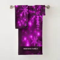 Deep Purple Bright Snowflakes Holidays Name Bath Towel Set