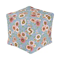 Pink Daisies Pretty Floral Pattern on Blue Pouf