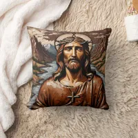 Jesus Surrounded by Mountains and Waterway Throw Pillow