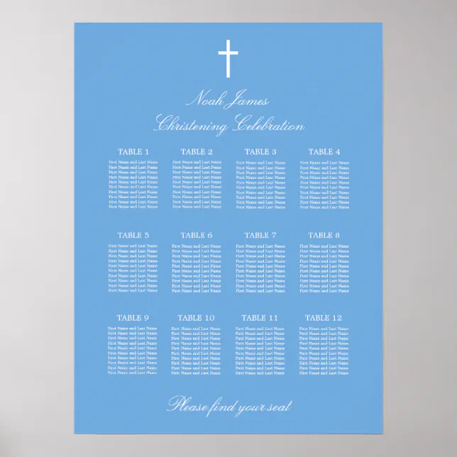 Blue 12 Table Christening Seating Chart Poster