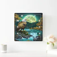 Eagle Perched Near Waterfall Under Full Moon Square Wall Clock