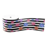 Trendy Floral Black & White Stripes Patterned Grosgrain Ribbon