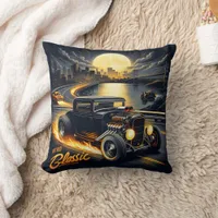 Hot rod cruising a vibrant night city throw pillow