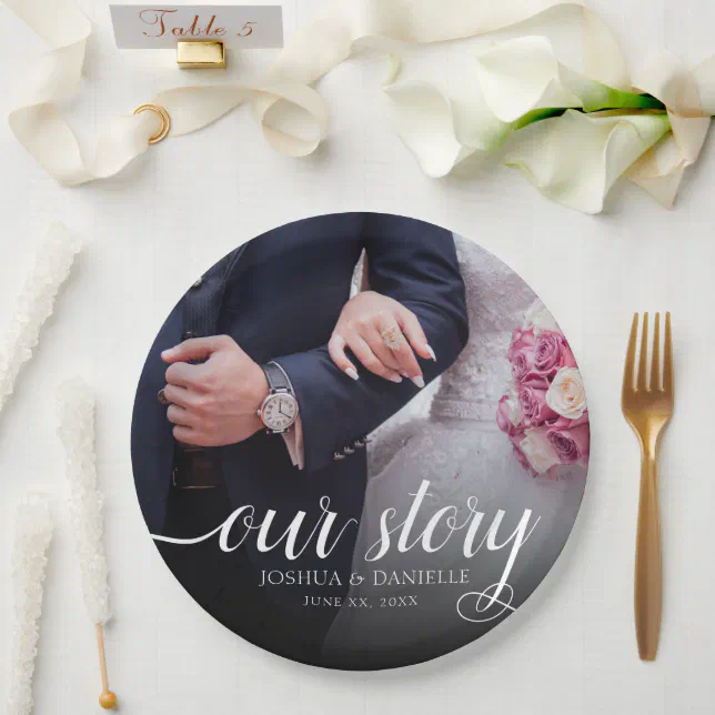 Elegant Our Story Photo Wedding Handwritten Paper Plates