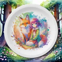 Pretty Watercolor Anime Girl and Fox Birthday Paper Plates