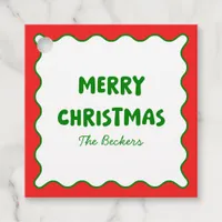 Retro Bold Wavy Green & Red Custom Merry Christmas Favor Tags