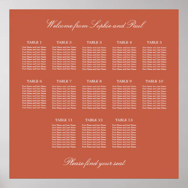 Terracotta 13 Table Wedding Seating Chart Poster