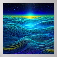 Ethereal Blue Waves and Ocean Sunset Poster