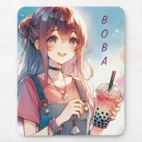 Cute Anime Girl Holding a Boba Tea Mouse Pad