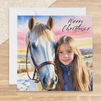 Watercolor Horse and Girl Snow Picture Christmas Holiday Card