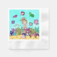 Pretty Pink and Blonde Mermaid Birthday Party Napkins