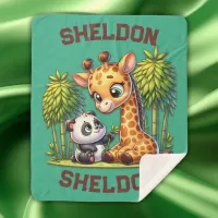 Giraffe and Panda Monogrammed Name | Sherpa Blanket