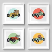 Vintage Race Car Squirrels | Cute Kids Room Art Wall Art Sets