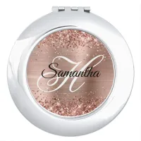 Glittery Rose Gold Foil Fancy Monogram Compact Mirror