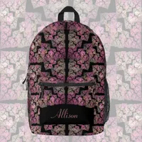 Modern fractal pattern, blush colors on black,   printed backpack