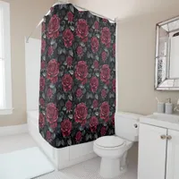 Burgundy Roses with Black Background Pattern Shower Curtain