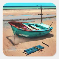 Deserted Boat on the Sea Shore AI Art Square Sticker