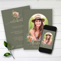  Sage Green Peach Floral Arch Photo Graduation Invitation