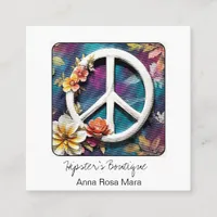 *~* White Peace Sign Flowers Grunge Boho QR AP57 Square Business Card