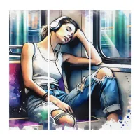 Woman Sleeping on the Subway Listening to Music Triptych