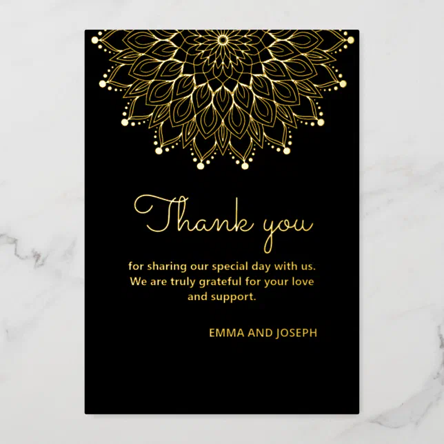 Elegant simple black ornate wedding thank you card