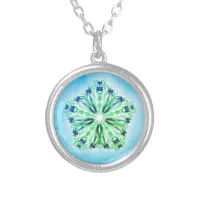 *~* Bright Turquoise Blue Star Mandala Silver Plated Necklace