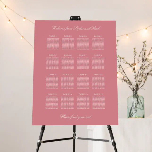 Blush Pink 16 Table Wedding Seating Chart Foam Board