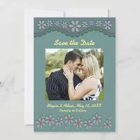 Dusty Green Six Petal Flower Save the Date Card