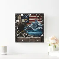 Majestic Bald Eagle Perched by Mountains and Flag Square Wall Clock